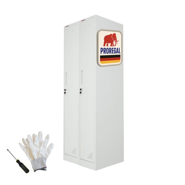 Metall-Spindschrank mit zwei Türen von ProRegal inklusive Schlössern, Schlüsseln, Arbeitshandschuhen und einem Schraubendreher.