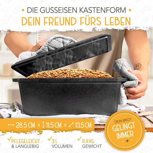 KRUSTENZAUBER Brotbackform mit Deckel inkl. Gärkorb - Robuste 28cm Backform aus Gusseisen - Ideal als Kastenform, Toastbrot Backform, Brotform, Gusseisen Topf Brot backen Zubehör, Brottopf