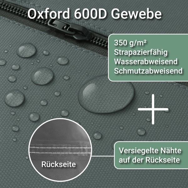 Oxford 600D Gewebe, 350 Gramm pro Quadratmeter, strapazierfähig, wasser- und schmutzabweisend, versiegelte Nähte auf der Rückseite.