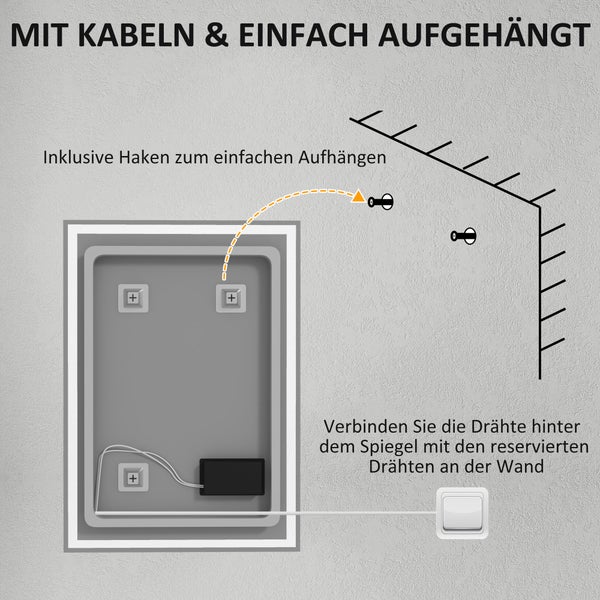 Illustration zur einfachen Aufhängung eines Spiegels mit Kabeln und Haken
