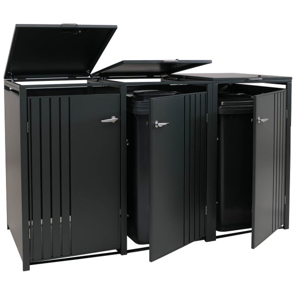Drei Mülltonnenboxen mit geöffneten Türen und Deckeln zur Aufbewahrung von Mülltonnen im Außenbereich.