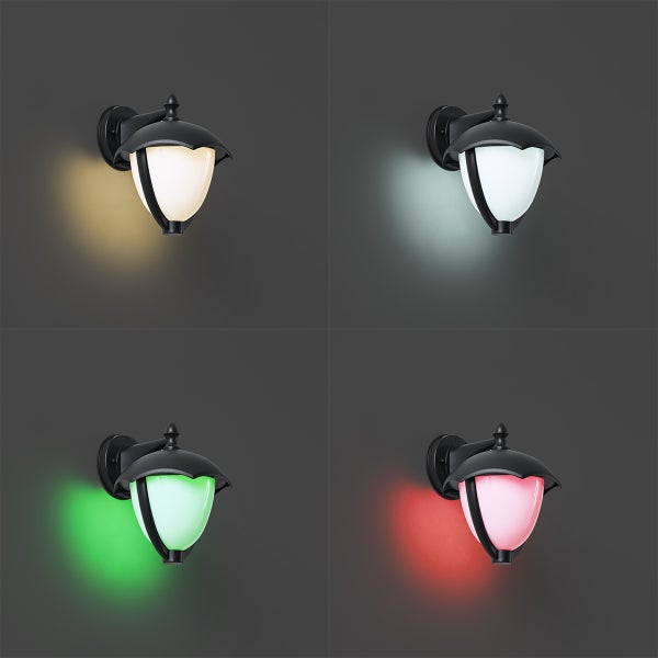 Schwarze Außenwandleuchte im klassischen Laternendesign mit verschiedenen Lichtfarben wie Warmweiß, Kaltweiß, Grün und Rot.
