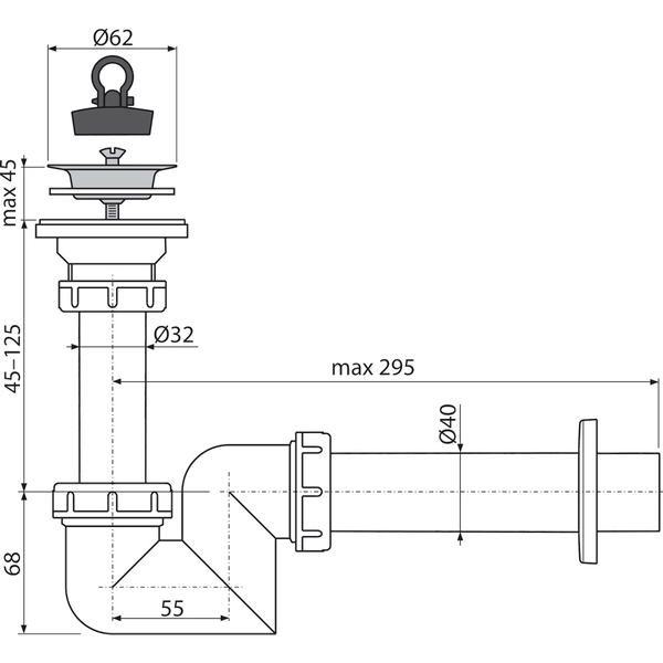 Technische Zeichnung eines Siphons für ein Waschbecken mit detaillierten Maßangaben in Millimetern.