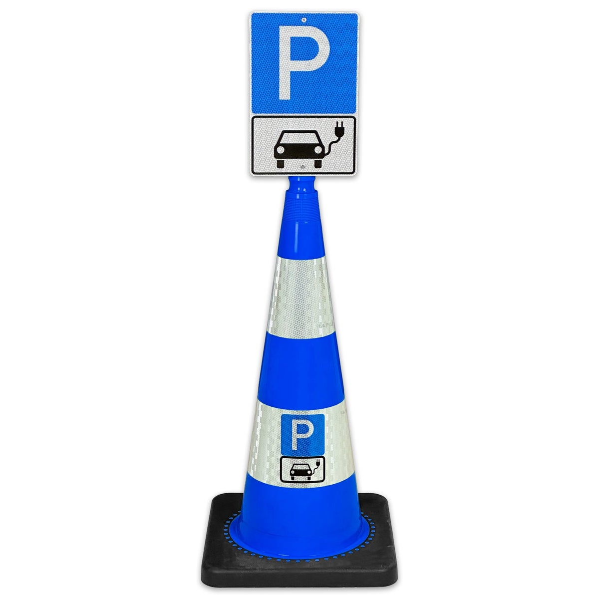 Leitkegel FLEX 75cm hoch mit Schild 30 x 20cm Parkplatz nur für Elektroautos / mit reflektierender Folie und Hinweisschild / Leitkegel blau