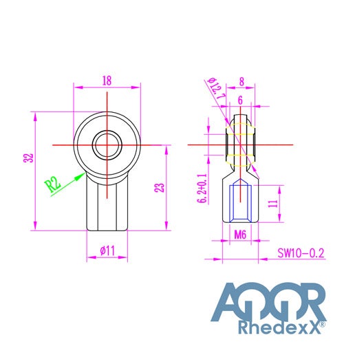 Technische Zeichnung eines Rhedexx Gelenkkopfs M6 mit Massangaben wie 32 Millimeter Gesamthöhe und 18 Millimeter Kopfbreite, Rhedexx Logo.
