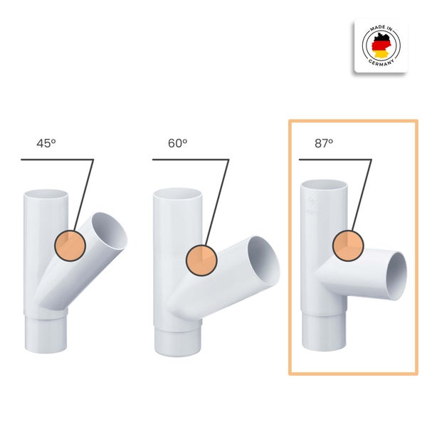 Hochtemperatur-Rohr-Abzweige mit Winkeln von 45 Grad, 60 Grad und 87 Grad, hervorgehoben 87 Grad. Hergestellt in Deutschland.