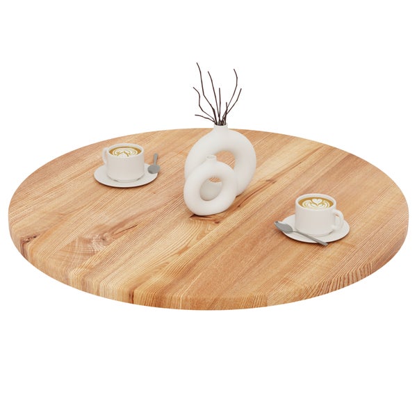 Runde Tischplatte aus Holz mit natürlicher Maserung, dekoriert mit zwei Kaffeetassen und zwei ringförmigen Vasen.
