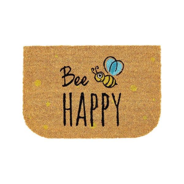 Fußmatte mit der Aufschrift 'Bee Happy' und einem Bienenmotiv.