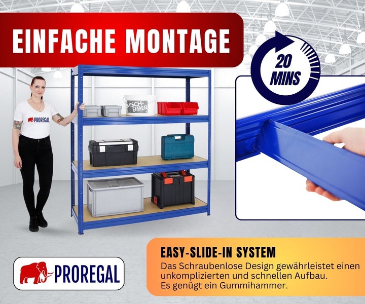 Blaues Metall-Schwerlastregal mit vier Holzböden und schraubenlosem Stecksystem. Montagezeit circa 20 Minuten. Proregal Logo.