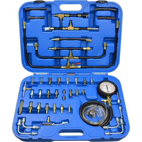Einspritzdrucktester-Set im blauen Koffer mit Manometer, Schläuchen und Adaptern