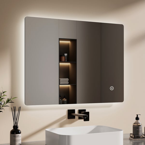 EMKE Badspiegel mit LED Hintergrundbeleuchtung 80 x 60 cm, Kaltweiß, Touchschalter, dimmbar, Anti-Beschlag, IP44, für Bad