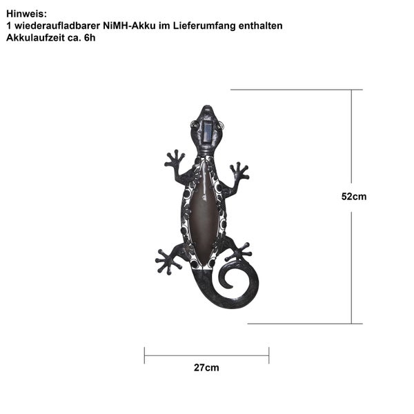 Dekorative Gartenleuchte in Form eines Geckos mit einer Länge von 52 cm und einer Breite von 27 cm, inklusive wiederaufladbarem NiMH Akku, Akkulaufzeit circa 6 Stunden