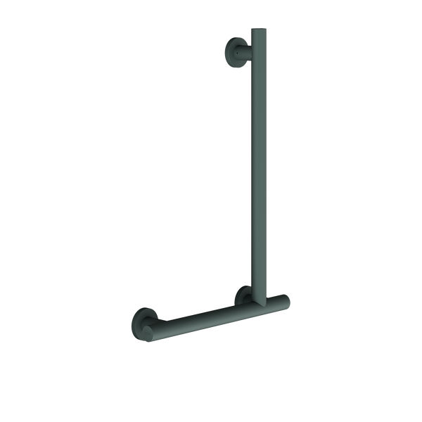 L-förmiger Wandhaltegriff aus Metall in Anthrazit mit drei Befestigungspunkten für das Badezimmer.