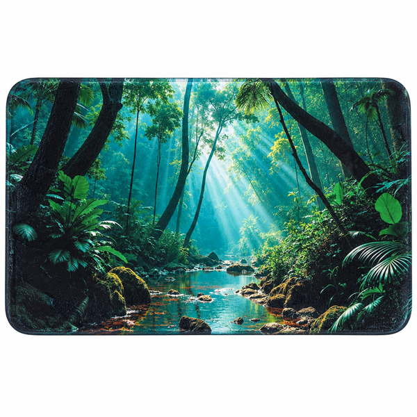 Rechteckige Badematte mit einem Dschungel Motiv mit Bachlauf und Lichtstrahlen durch die Baumkronen.
