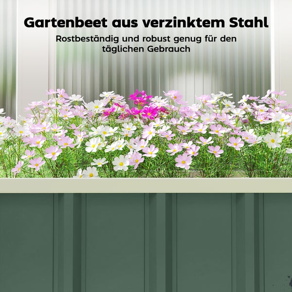 Rostbeständiges Gartenbeet aus verzinktem Stahl, robust für den täglichen Gebrauch, bepflanzt mit Blumen.