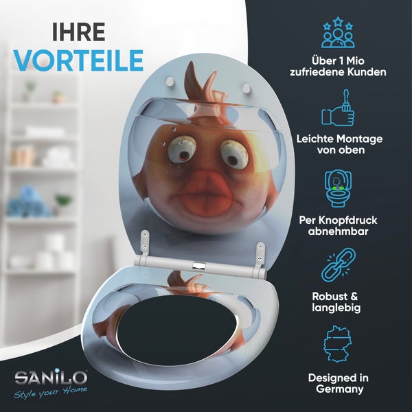 Sanilo Toilettensitz mit Fisch-Motiv, Vorteile: über eine Million Kunden, einfache Montage, abnehmbar, robust, Design aus Deutschland. Sanilo Logo.