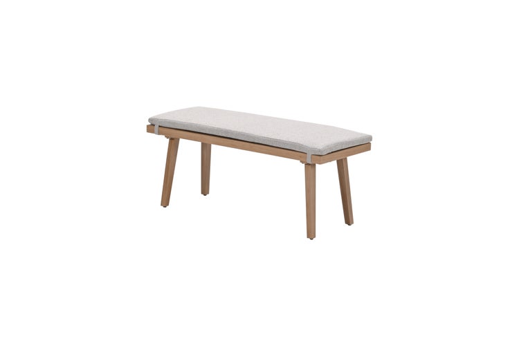 Sitzbank aus Holz mit grauem Sitzpolster.