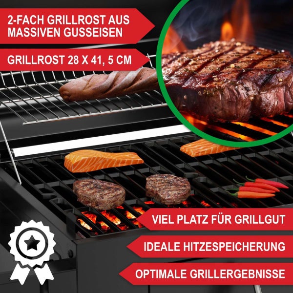 Zweiteiliger Grillrost aus massivem Gusseisen, Maße 28 mal 41,5 Zentimeter, mit gegrilltem Fleisch, Fisch und Gemüse auf dem Grill.