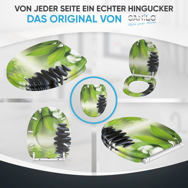 Sanilo Toilettensitz mit Zen Motiv aus verschiedenen Ansichten: geschlossen, geöffnet und Detailansicht mit Steinen und Blättern. Sanilo Logo.