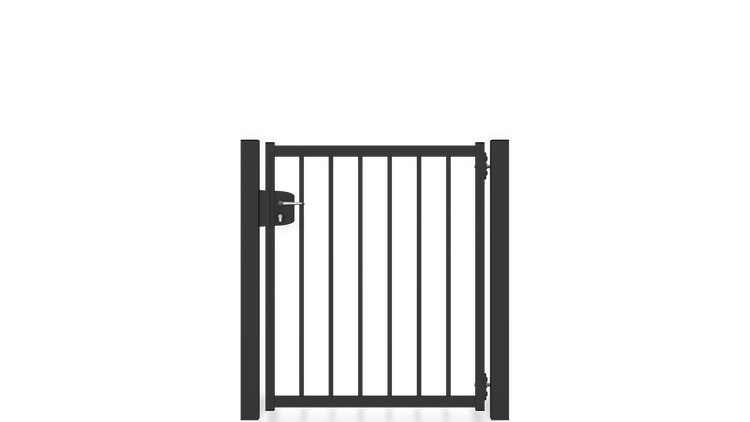 Gartentor ZAUNGURU BASIC-Linie Bremen aus Metall, Höhe: 123cm, Breite: 150cm, 1-flügelig inkl. Pfosten, Schloss und Zubehör, Feuerverzinkt und zusätzlich in RAL 7016 Anthrazitgrau pulverbeschichtet