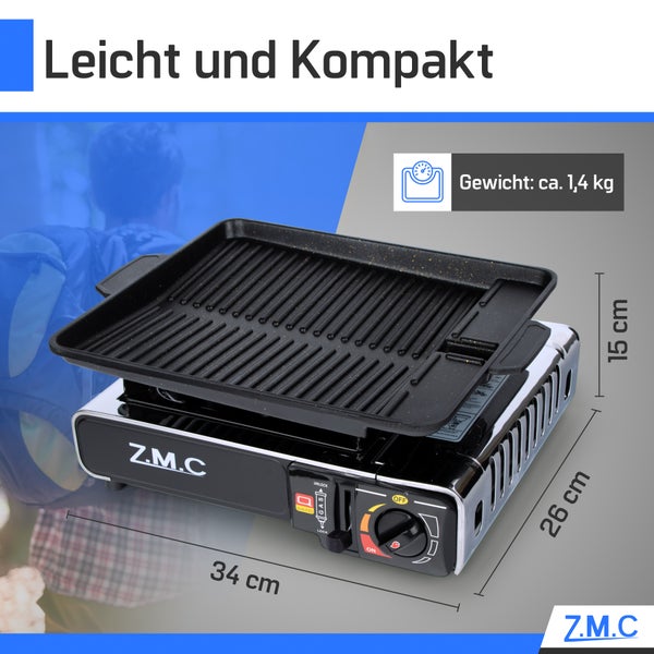 ZMC Edelstahl Gaskocher 1-flammig + Aufbewahrungskoffer + Grillplatte 33x26x4 cm, mit 8x Gaskartuschen 227g, Campingkocher für Outdoor und Innenraum, Campinggaskocher 2,2 kW, mit Piezozündung