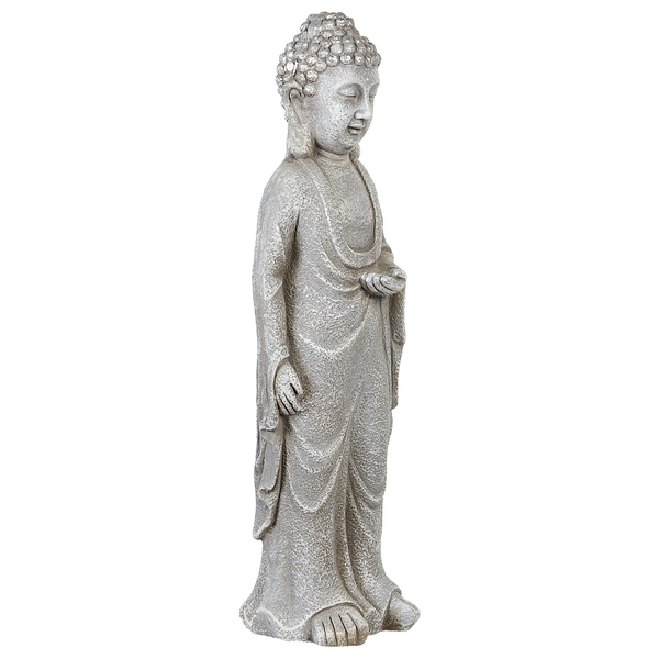 Stehende Buddha-Figur mit strukturierter Oberfläche als Dekoration für Garten und Wohnbereich.