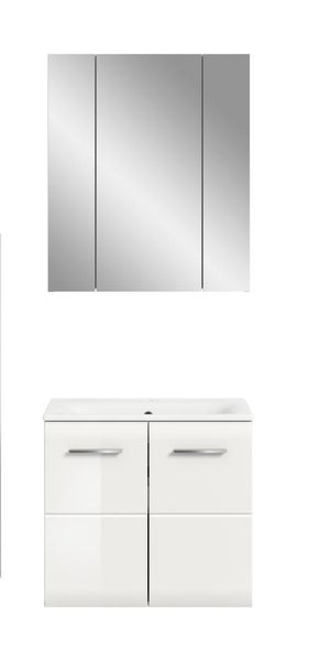 Badezimmermöbel-Set bestehend aus einem dreitürigen Spiegelschrank und einem weißen Waschbeckenunterschrank mit zwei Schubladen inklusive Waschtisch.