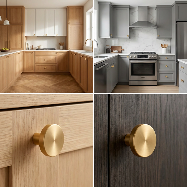 Collage verschiedener Küchenstile mit goldenen, runden Möbelknöpfen an hellen und dunklen Holzfronten
