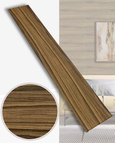 Laminatpaneel mit feiner Holzmaserung in Brauntönen, Detailansicht der Oberflächenstruktur und Anwendungsbeispiel im Raum.