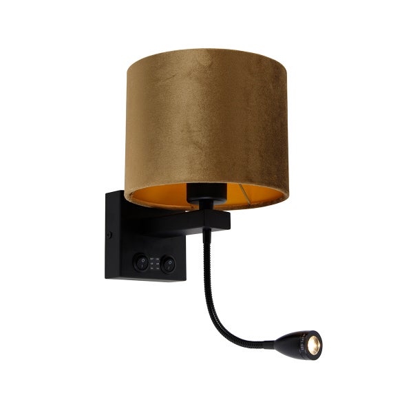 Wandleuchte Schwarz mit Bronze-Samt-Schirm 18cm - Brescia