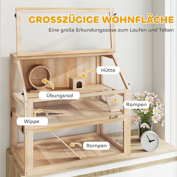 PawHut Hamsterkäfig aus Holz 3 Etagen Nagarium Nagerkäfig Kleintierkäfig mit klappbarem Deckel Laufrad und Zubehör, Kleintierstall Holzkäfig Käfig für Hamster Zwerghamster 80 x 50 x 76 cm Naturholz