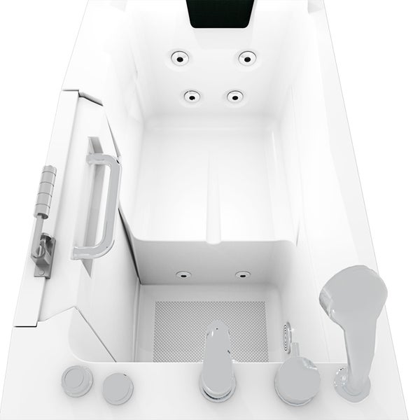 Begehbare Badewanne mit Tür, Griff, Duschkopf und Bedienelementen