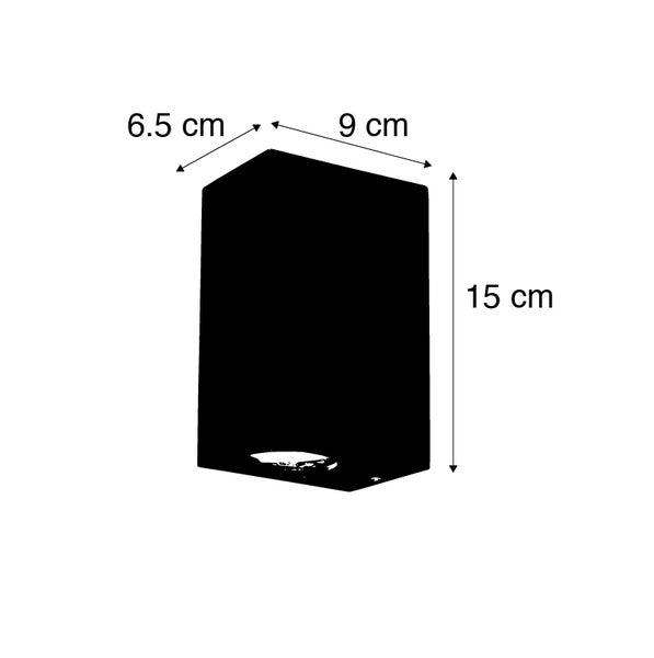 Wandleuchte mit Maßen: 15 Zentimeter Höhe, 9 Zentimeter Breite und 6,5 Zentimeter Tiefe.