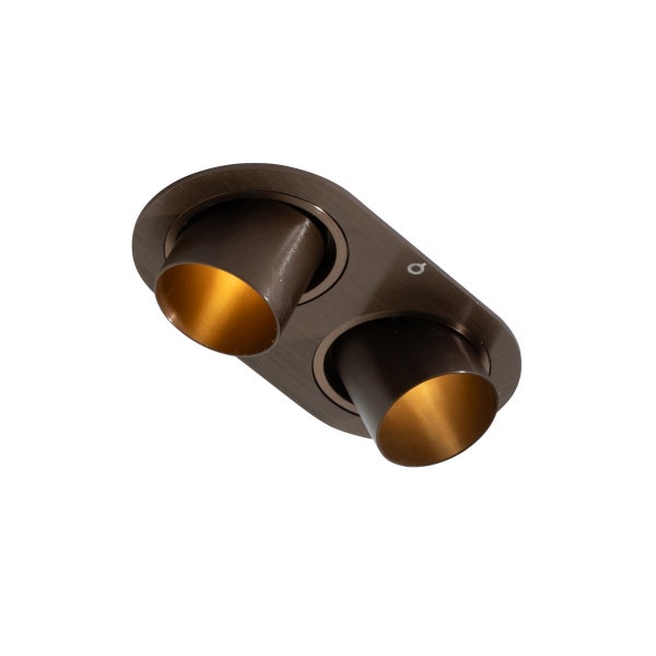 Zweiflammiger Einbaustrahler mit zylindrischen Spotköpfen aus Metall in dunkler Bronzeoptik.