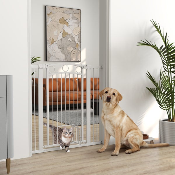 PawHut Türschutzgitter Hund, 76-104 cm Absperrgitter ohne Bohren, Treppengitter aus Stahl, Treppenschutzgitter mit Katzentür, Schutzgitter, Sicherheitsgitter für Treppen, Tür, Flur, Weiß