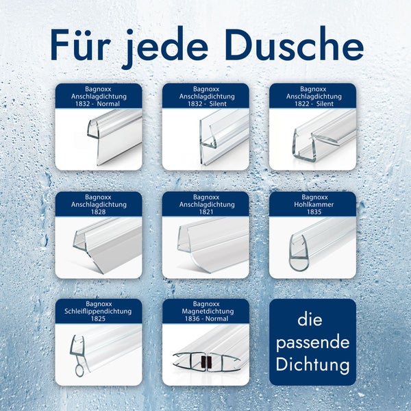 Übersicht verschiedener Bagnoxx Duschdichtungen für Glasduschen, darunter Anschlagdichtungen, Magnetdichtungen und Hohlkammerdichtungen.