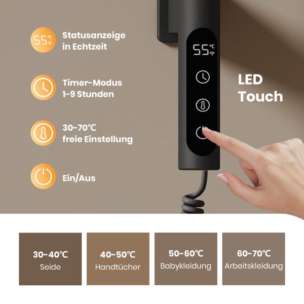 Digitales Touch-Bedienfeld für Heizkörper mit Echtzeit-Statusanzeige, Timer und Temperatureinstellung von 30 bis 70 Grad für verschiedene Textilien.