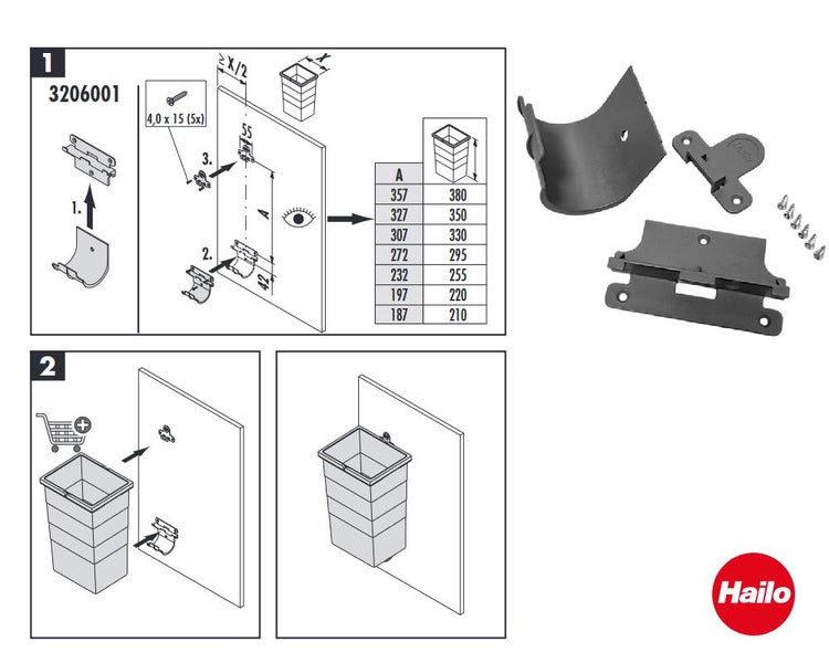 Montageanleitung und technische Details für ein Hailo Mülltrennsystem mit Maßtabelle, Befestigungsteilen und Hailo Logo.