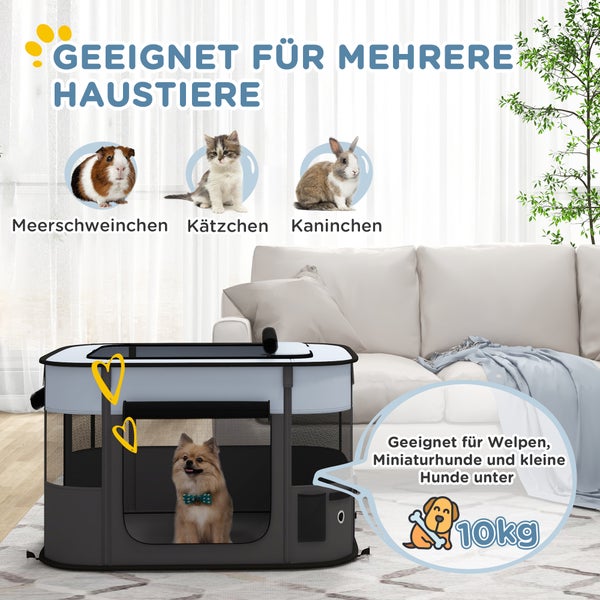 PawHut Welpenauslauf, Welpenlaufstall mit Türen, Fenster, faltbar Laufgitter, Atmungsaktiv Netz, für kleine Hunde unter 10 kg und Kleintiere, Indoor und Outdoor, 94 x 74 x 60 cm, Grau