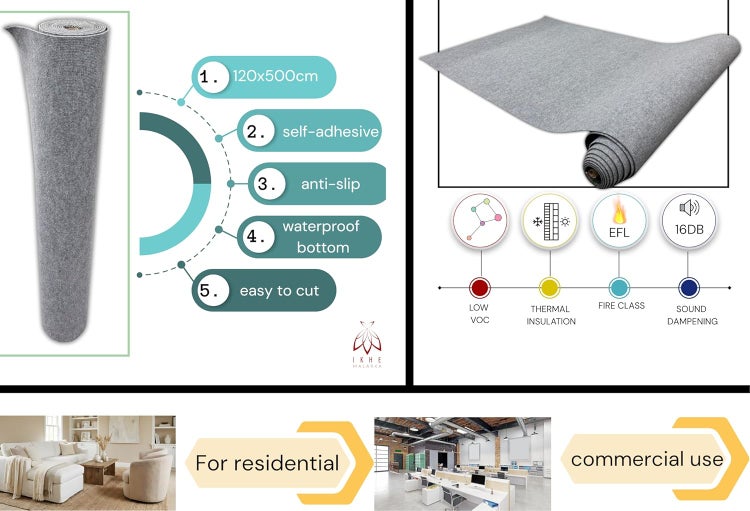 Rolle Antirutschmatte mit den Maßen 120x500 cm, selbstklebend, wasserdicht, leicht zuzuschneiden, niedrige VOC-Emissionen, Wärmedämmung, Brandschutzklasse EFL, Schalldämmung 16DB, geeignet für Wohn- und Gewerberäume
