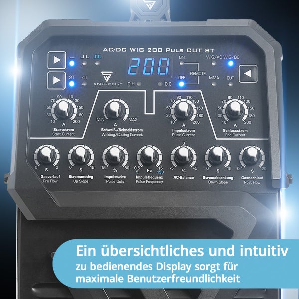 Bedienpanel des Stahlwerk AC/DC WIG 200 Puls CUT ST Schweißgeräts mit digitalem Display und Drehreglern für präzise Einstellungen.