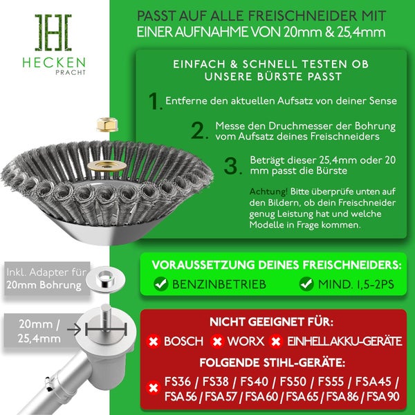 HECKENPRACHT© Profi Unkrautbürste für Freischneider | Verbessertes Konzept 2025 - Wildkrautbürste für Motorsense zur effektiven Unkrautentfernung - 25,4mm Bohrung | Drahtbürste Freischneider