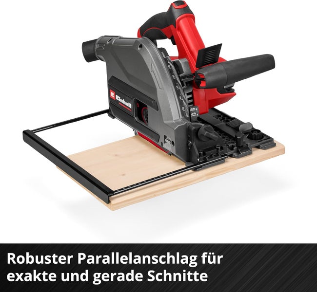 Einhell Professional Tauchsäge mit Parallelanschlag auf einer Holzplatte für exakte und gerade Schnitte.