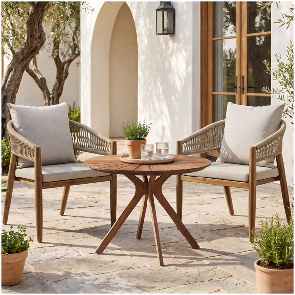 Gartenmöbel-Set aus Holz mit zwei Armlehnenstühlen mit Seilgeflecht und Polstern sowie einem runden Tisch auf einer hellen Steinterrasse.