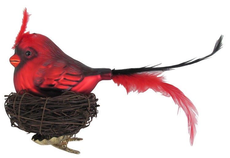 Vogel rot 20cm mit 7cm Federschwanz im Nest aus Zweigen Glasornament, mundgeblasen und handekoriert, 1 Stck.