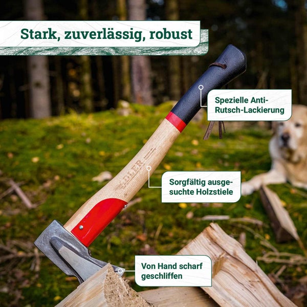 Adler Spaltbeil mit Holzstiel, handgeschliffener Klinge und Anti-Rutsch-Beschichtung für die Holzbearbeitung.
