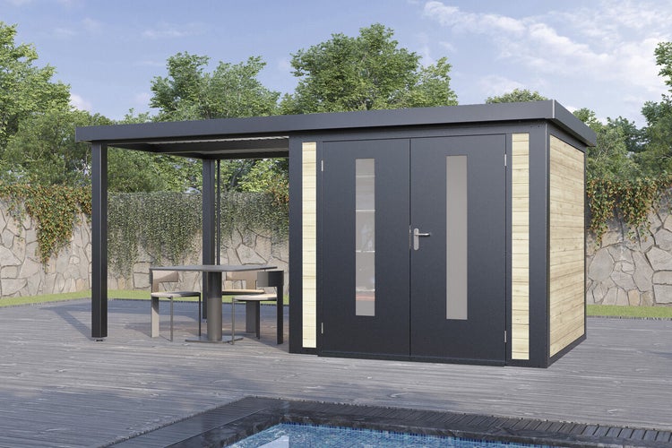 Gartenhaus mit integriertem Schleppdach und Doppeltür, moderner Metallbau mit Holzelementen auf einer Terrasse am Pool.