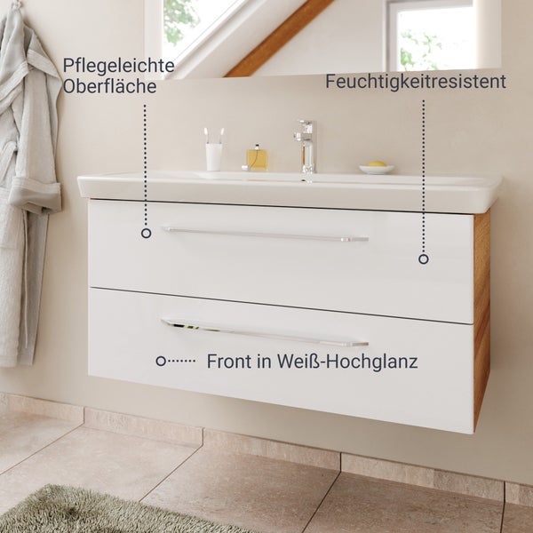 FACKELMANN MILANO Badmöbel Set 2 Teile – Waschtisch mit Unterschrank fürs Bad – Waschbeckenunterschrank mit Schubladen in Weiß mit Holz braun – Badschrank hängend – 100 cm breit