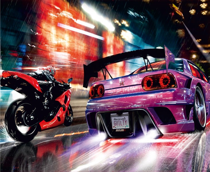 Illustration eines Motorrads und eines Sportwagens auf regennasser Fahrbahn