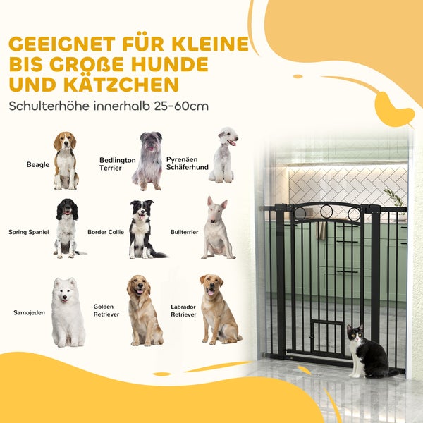 Geeignet für kleine bis große Hunde und Katzen, Schulterhöhe innerhalb 25 bis 60 cm, dargestellt mit verschiedenen Hunderassen und einer Katze vor einem schwarzen Schutzgitter.